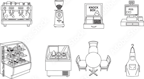 Detailed vector illustration depicts an array of cafe equipment and furniture in a clean, minimalist style. From coffee machines and grinders to display cases and tables.