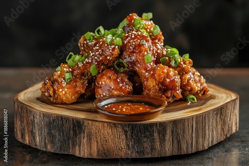 Delicious glazed chicken wings with green onions on wooden board