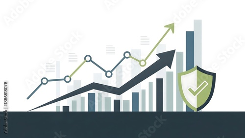 A graphic illustration of a growing business trend with a shield and checkmark, featuring a line graph and bar chart in shades of green, blue, and gray on a white background.
