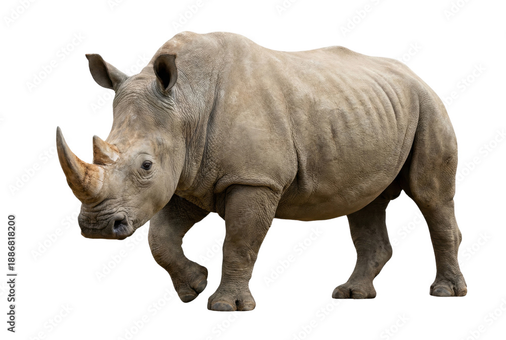 Fototapeta premium Large White Rhinoceros Walking Isolated on White Background