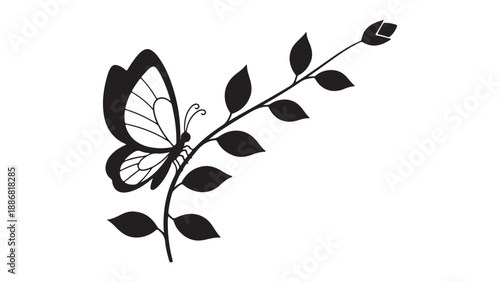 Black butterfly silhouette on a leafy branch with buds