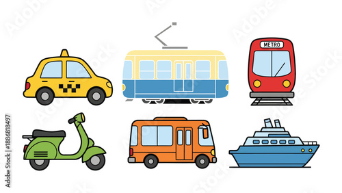 Transportation: A vibrant array of transportation modes, each symbolizing the diverse methods of movement from urban transportation to maritime travel.