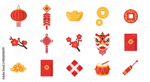 Chinese New Year Icons: Lantern, Firecrackers, Lion Dance, Red Envelopes, Coins, Plum Blossoms