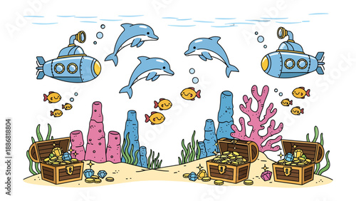 Underwater Adventure: Dolphins frolic playfully among colorful coral reefs and sunken treasures, watched over by a fleet of cheerful submarines in a whimsical underwater world.