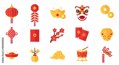Chinese New Year Icons Set: Lantern, Firecrackers, Lion Dance, Gold, Lucky Charms