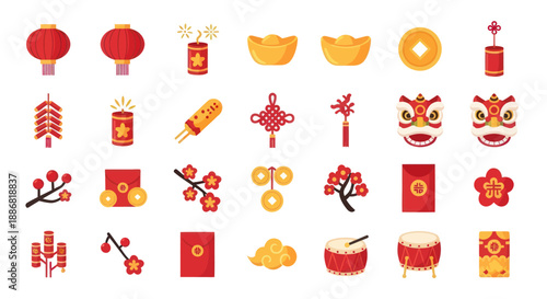 Chinese New Year Icons: Lanterns, Firecrackers, Gold Ingots, Coins, Lion Dance, Red Envelopes