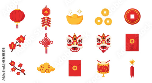Chinese New Year Icons: Lantern, Firecracker, Gold, Coins, Lion Dance, Red Envelope