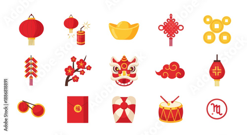 Chinese New Year Icons: Lanterns, Firecrackers, Lion Dance, Coins, Red Envelopes