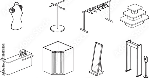 A collection of essential retail store fixtures. This image showcase a set of common store elements.