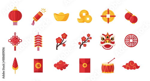 Chinese New Year Icons: Lanterns, Firecrackers, Gold, Lion Dance, Red Envelopes