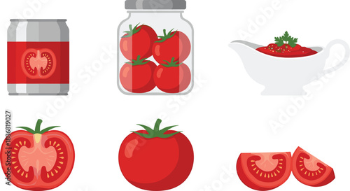 Tomato food vector set with fresh tomatoes, sliced pieces, canned sauce, glass jar preserves and ketchup gravy boat isolated on white background for cooking and packaging design