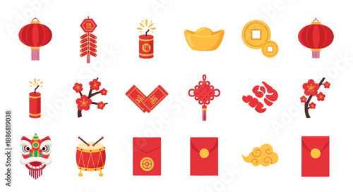 Chinese New Year Symbols Collection: Lanterns, Firecrackers, Red Envelopes, Gold, Lion Dance