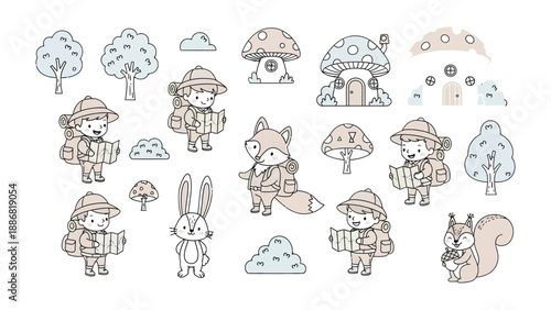 Adventurous Explorers: Playful illustrations showcasing curious explorers, charming woodland creatures, and whimsical landscapes, perfect for evoking a sense of wonder and excitement.