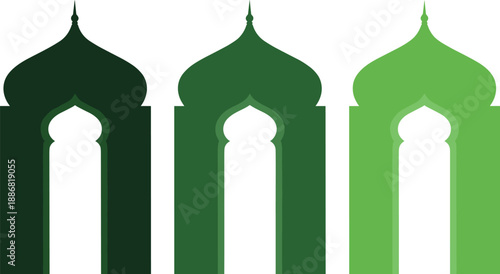 Islamic mosque mihrab arch illustration set in dark and light green tones, minimal vector design for Ramadan, Eid, religious architecture, background, and cultural decoration