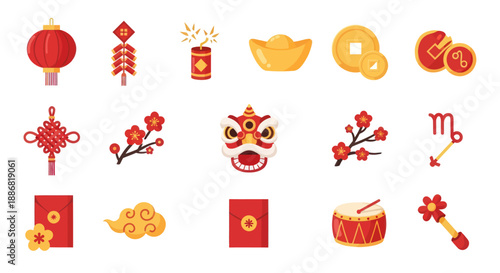 Chinese New Year Icons: Lantern, Firecrackers, Lion Dance, Coins, Red Envelopes, Plum Blossoms