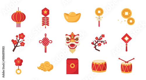 Chinese New Year Icons Set: Lantern, Firecrackers, Gold, Lion Dance, Drums, Red Envelope