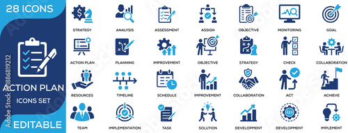 Action plan and strategy solid icon set featuring planning, assessment, objectives, timeline, resources, implementation, monitoring, collaboration, improvement, and goal achievement. Clean flat vector
