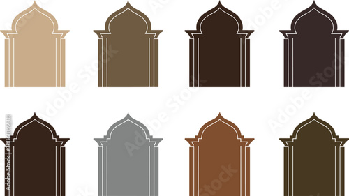 Islamic arch window frame collection, traditional mosque mihrab shapes, ornamental architectural elements in elegant earth tone colors for cultural design, backgrounds and decorative graphics