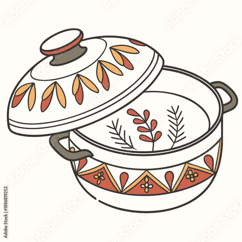 Rustic Hand-Decorated Earthenware Cooking Pot Flat Vector Icon.