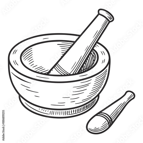 Traditional Flat Vector Illustration of a Spice Grinding Stone and Pestle Set.