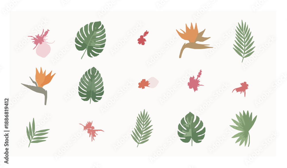 Obraz premium Minimal Watercolor Tropical Flowers and Leaves Clipart Vector Collection