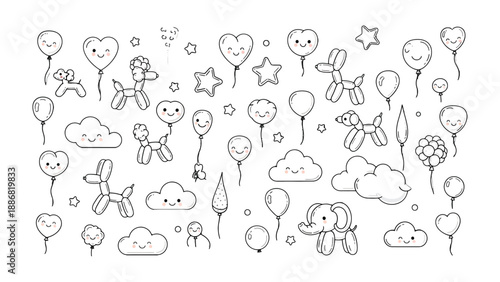 Whimsical Balloon Delight: A charming assortment of playful balloons and delightful cloud illustrations dance across the scene, creating a sense of joy and celebration.