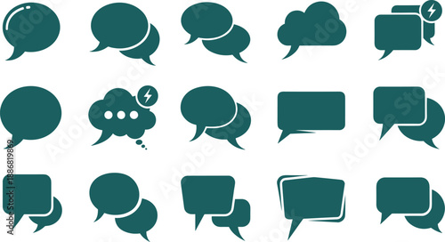 Modern chat bubble icon collection, speech and message symbols, conversation notification shapes for UI UX design, social media apps, messaging interfaces and communication graphics