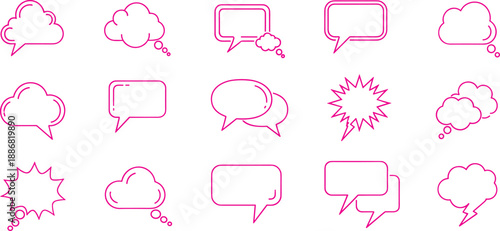 Pink outline speech bubble icon collection, chat and thought symbols, conversation shapes for UI UX design, social media messaging, notifications and modern communication graphics