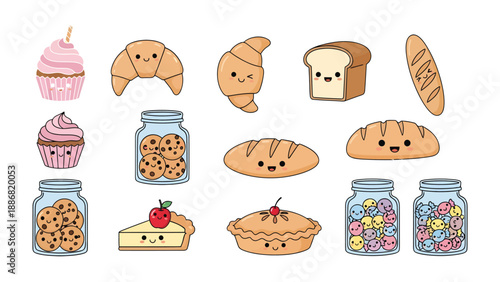 Sweet Bakery Delights: A cheerful array of baked goods and treats, including cupcakes, croissants, bread, pies, cookies, and candy, each with adorable expressions, ready to bring joy.