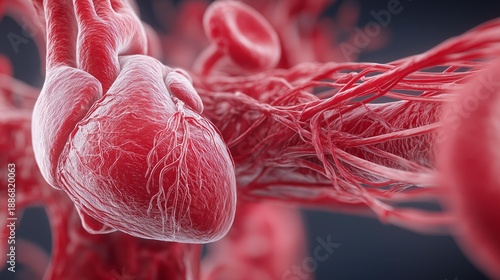 Detailed 3D illustration of a human heart and blood vessels, showcasing the complexity of the circulatory system.