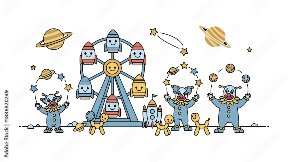 Naklejka premium Cosmic Carnival: A whimsical illustration of a jovial carnival scene, featuring charming clowns, a playful Ferris wheel, and celestial elements creating a delightful atmosphere.