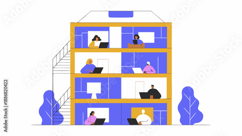 Modern office building with diverse team working on laptops