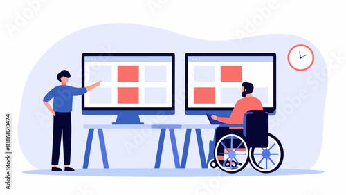 Two colleagues collaborating on project with dual monitors