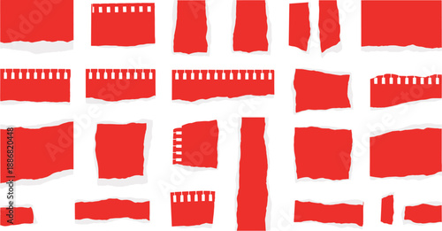Red torn paper texture collection, ripped notebook edges and scrap shapes, abstract collage elements for posters, banners, backgrounds and creative graphic design