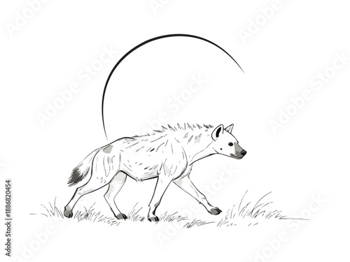 Minimalist, organic line art illustration of a graceful hyena roaming in the savanna, with flowing, continuous black lines on a clean white background for children's coloring book, Generative AI
