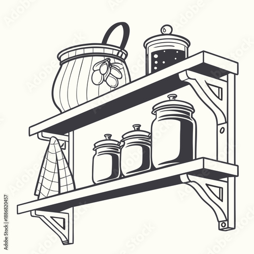 Minimalist Silhouette Vector of Traditional Village Kitchen Shelf with Jars, Rustic Homeware Design Element