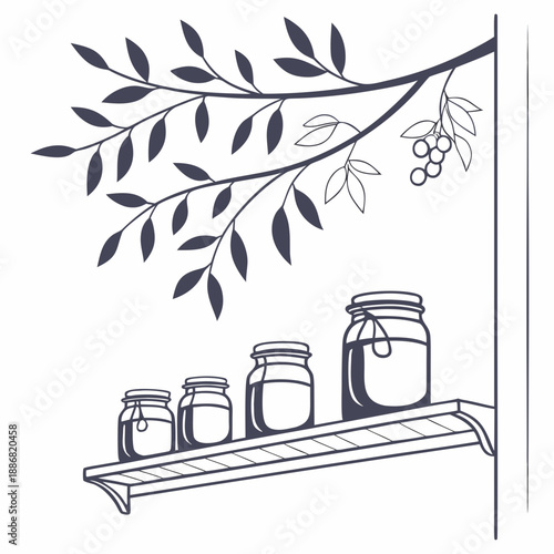 Minimalist Silhouette Vector of Traditional Village Kitchen Shelf with Jars, Rustic Homeware Design Element