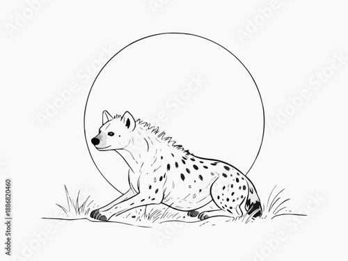 Minimalist, organic line art illustration of a graceful hyena roaming in the savanna, with flowing, continuous black lines on a clean white background for children's coloring book, Generative AI