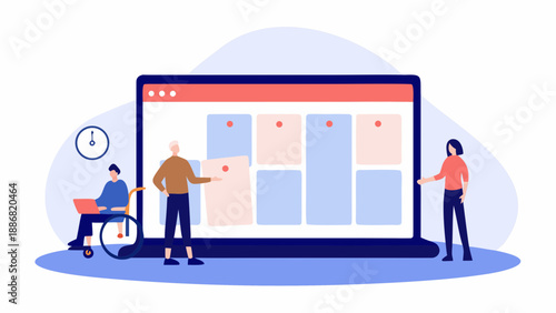 Team collaborating on project timeline with digital board
