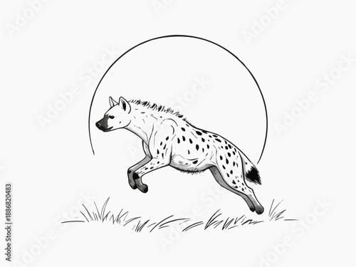Minimalist, organic line art illustration of a graceful hyena roaming in the savanna, with flowing, continuous black lines on a clean white background for children's coloring book, Generative AI