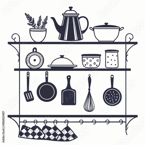 Clean Silhouette Vector of a Village Kitchen Shelf Displaying Traditional Utensils and Rustic Homeware Items