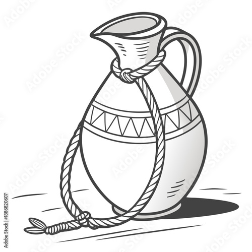 Traditional Village Style Earthen Water Pitcher with Rope Handle, Rustic Clay Pottery Vector Illustration