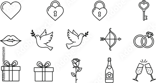 Valentine’s Day love outline icon set with heart lock dove gift ring rose cupid symbols, minimal line vector illustration, romantic elements