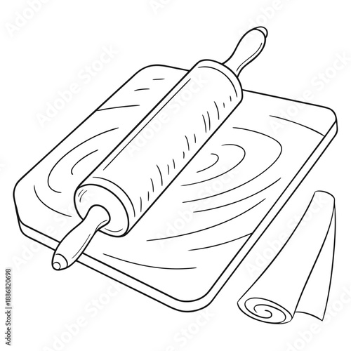 Minimalist Vector Illustration of a Wooden Rolling Pin and Flatbread Board, Traditional Baking Tools Set