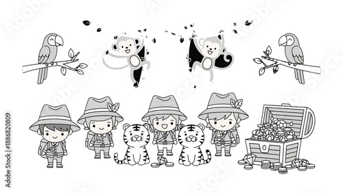 Explorer's treasure: A charming illustration depicts explorers with playful monkeys and tigers, eagerly standing before a treasure chest brimming with gold. A perfect depiction for kids.