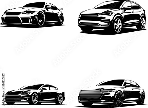 Flat black and white car silhouette vector icon, clean solid shape isolated on white background