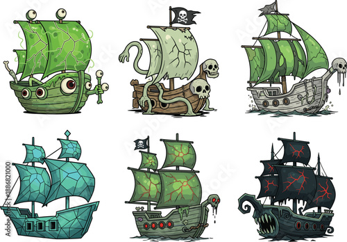 Cartoon ghost pirate ship collection with spooky fantasy sailing vessels, monster boats and haunted ships in colorful comic style isolated on white background