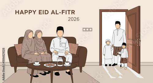 Happy Eid al-Fitr 2026 family celebration, traditional attire, cookies, guests arriving, joyful home scene, cultural gathering - flat vector illustration
