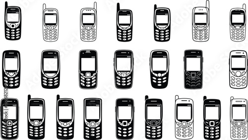 Classic mobile phone silhouettes collection, retro keypad cellphones set, black and white vintage communication devices vector illustration isolated on white background design