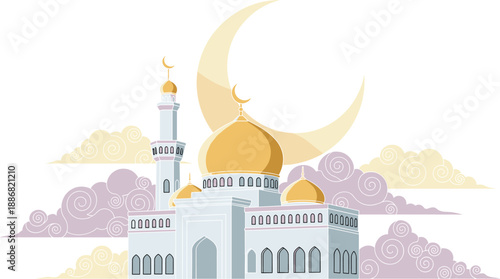 Islamic mosque with golden domes, crescent moon, minaret, purple clouds, spiritual architecture, vibrant colors, religious celebration - flat vector illustration